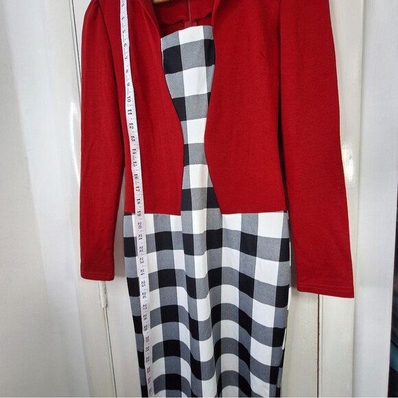 NWT Oxiuli Fashion Red Black Colorblock Checkered Long Sleeve Bodycon Dress Sz M - Picture 12 of 13
